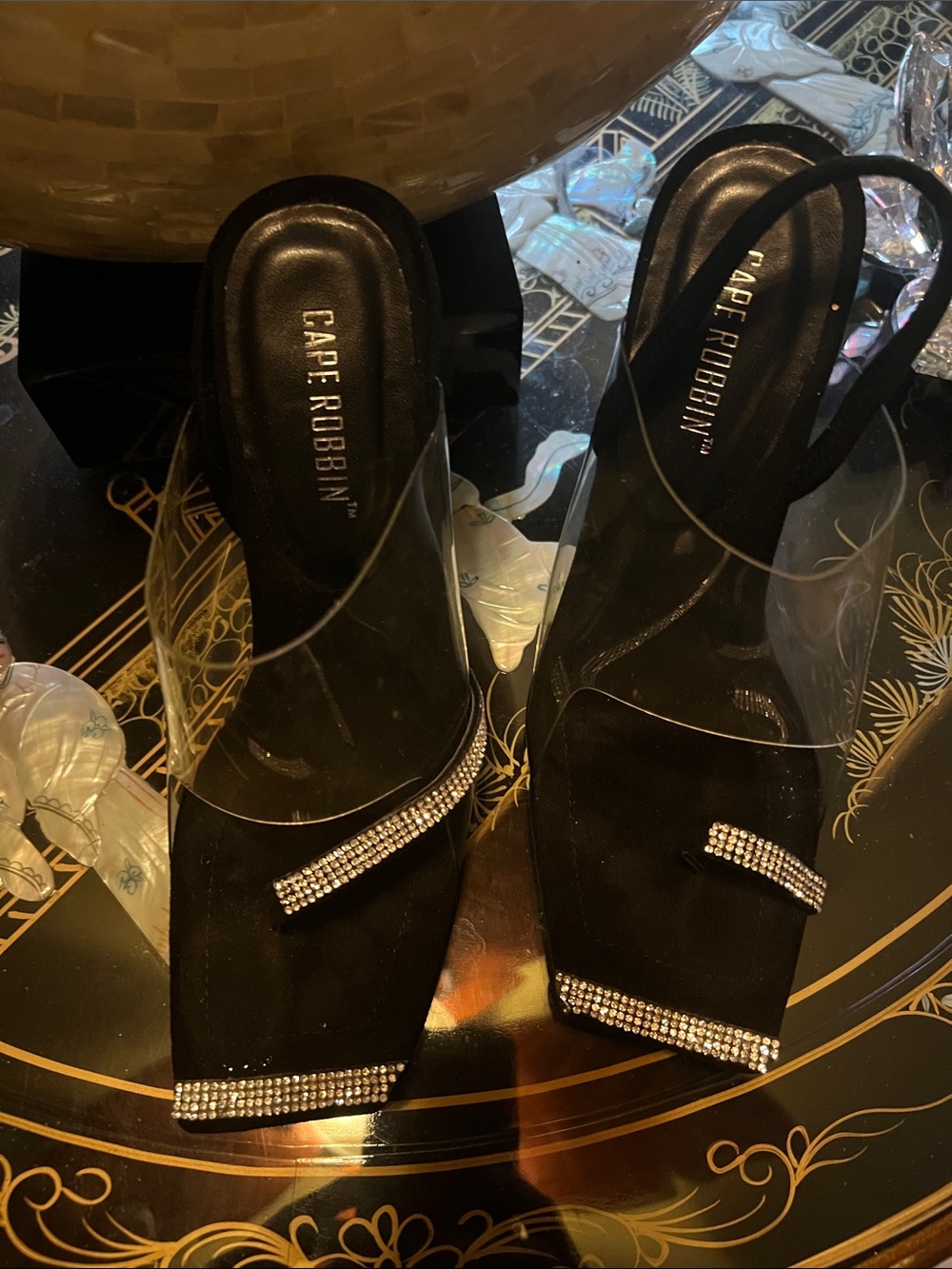Cape Robbin Black Clear Strap Rhinestone Mules